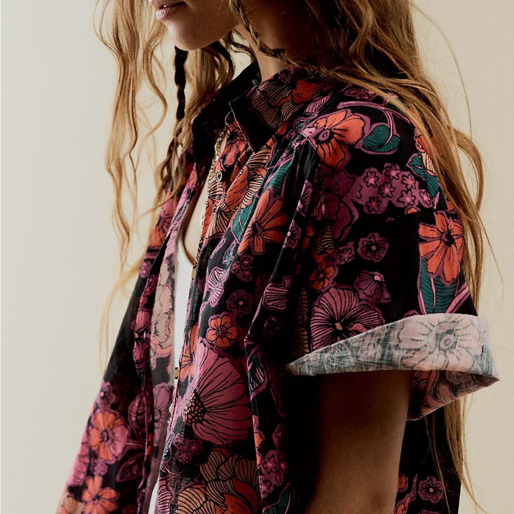 Free People On Vacation Button Down Short Sleeves Shirt‎ Top 100% Cotton Size S